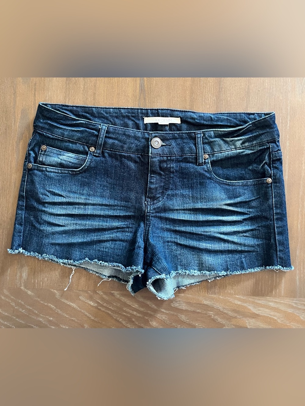 XXI Denim by Forever 21 Dark Blue Frayed Hem Jean Shorts - Women’s Size 30
